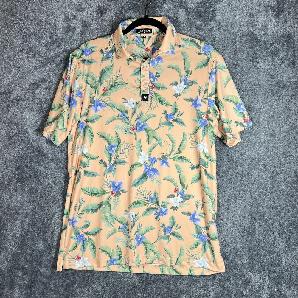 Bad Birdie Polo Shirt Mens Medium Orange Floral Stretch Golf Performance